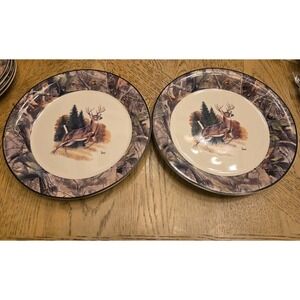 Al Agnew Real Tree Whitetail Deer Dinner Plates Bass Pro Shop Hunter Set of 2